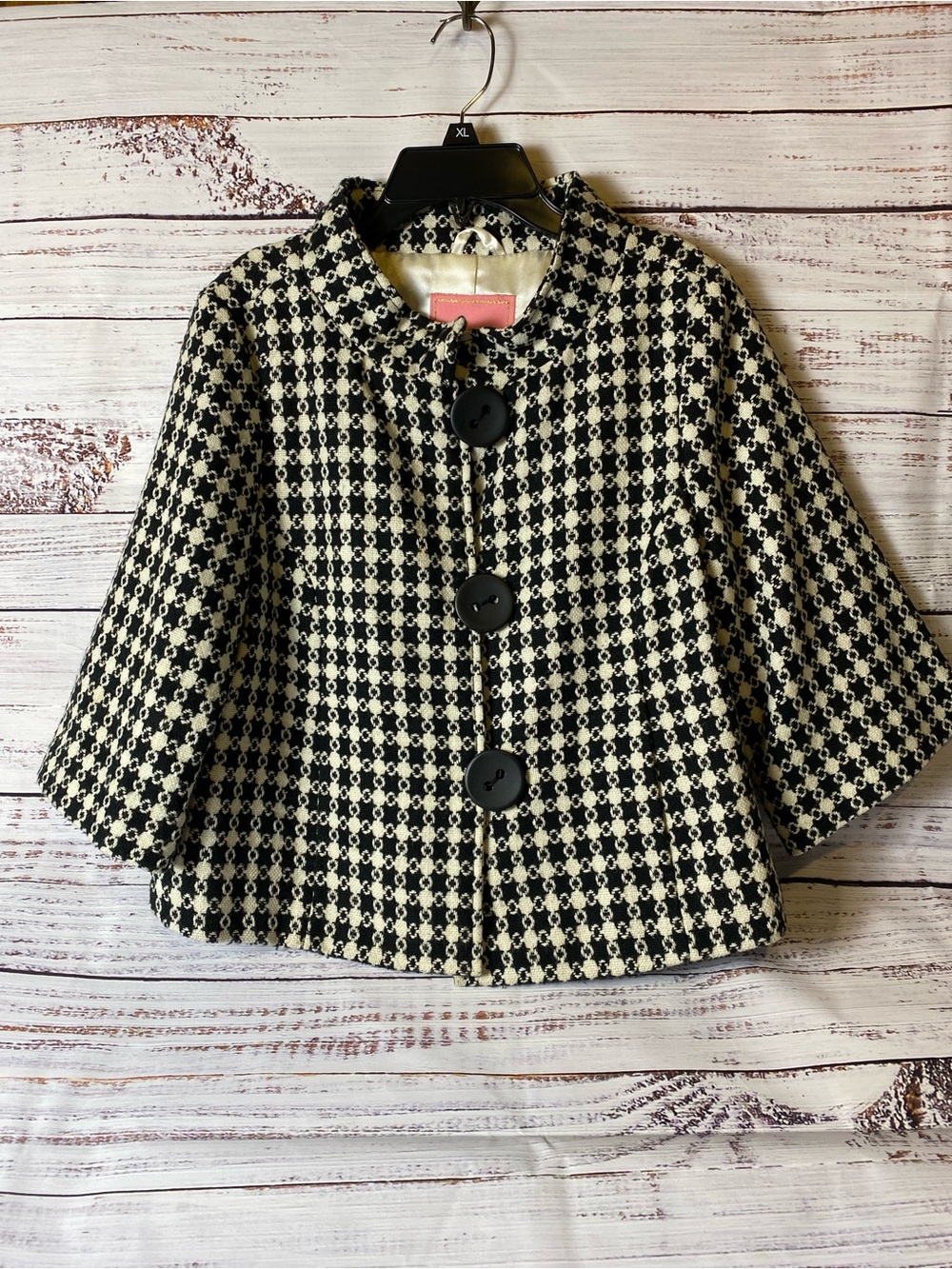 Karlie Black and Cream Plaid Girls Button Cape
